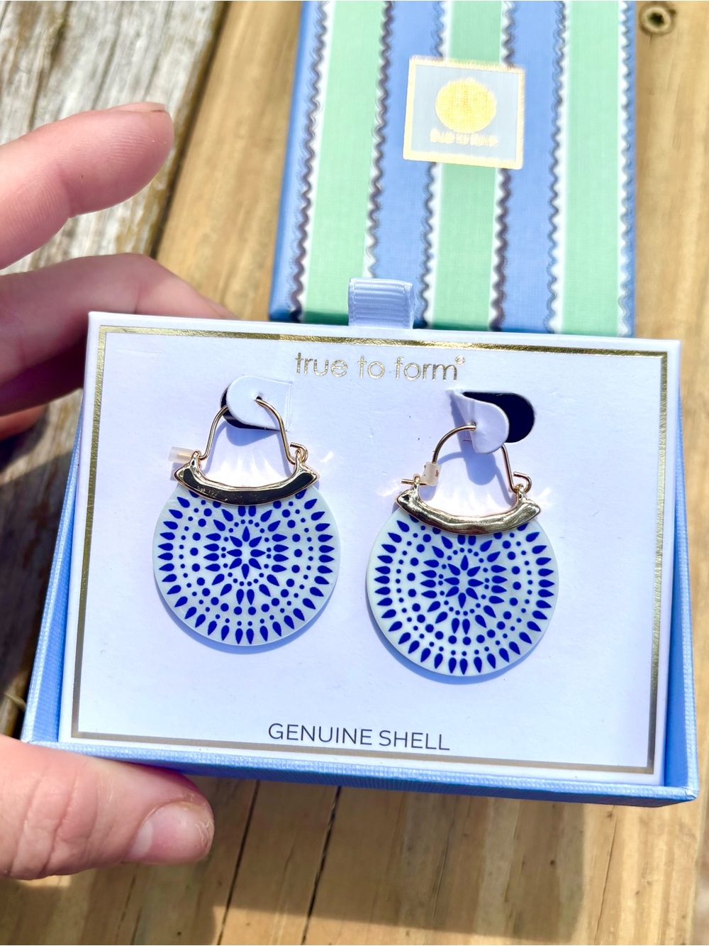 True to Form Blue and White Shell Drop Ceramic Earrings with Gold Accents